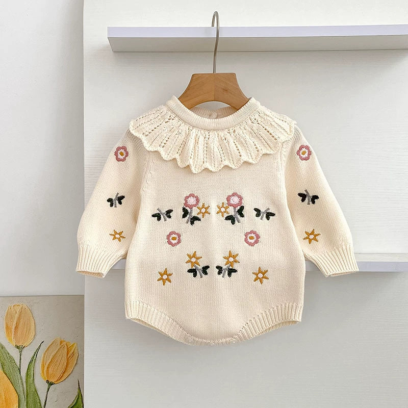 Autumn Arrival Baby Girls Knitted Long Sleeves Flowers Embroidered Pattern Onesies, MyKids-USA®, Baby One-Pieces, MyKids-USA - Size/Age - 66 (3-6M) - Color - Apricot -  -  - TR2506202025-A
