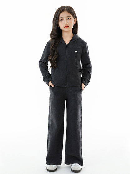 Arrival Autumn Kids Girls Long Sleeves Plain Zip-up Hoodie and Black Pants Clothing Set