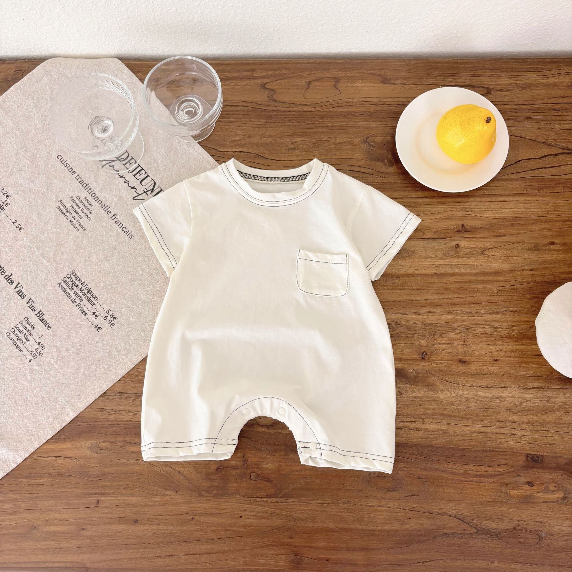 Summer Arrival Baby Unisex Simple Solid Color Short Sleeves Crew Neck Rompers, MyKids-USA®, Baby One-Pieces, MyKids-USA - Size/Age - 66 (3-6M) - Color - Beige -  -  - TR2505112243-A