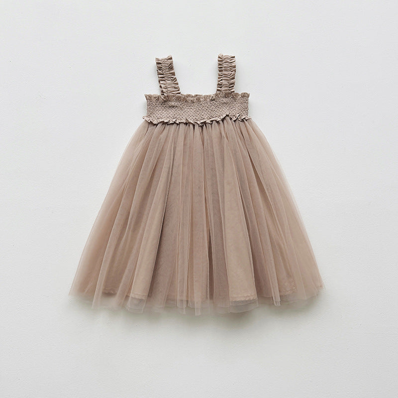 Summer Baby Kids Girls Sleeveless Solid Color Mesh Patchwork Design Off Shoulder Strap Dress, MyKids-USA®, Baby & Toddler Dresses, MyKids-USA - Size/Age - 90 (12-24M) - Color - Khaki -  -  - TR2503111542-C