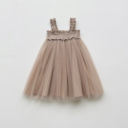 Summer Baby Kids Girls Sleeveless Solid Color Mesh Patchwork Design Off Shoulder Strap Dress, MyKids-USA®, Baby & Toddler Dresses, MyKids-USA - Size/Age - 90 (12-24M) - Color - Khaki -  -  - TR2503111542-C