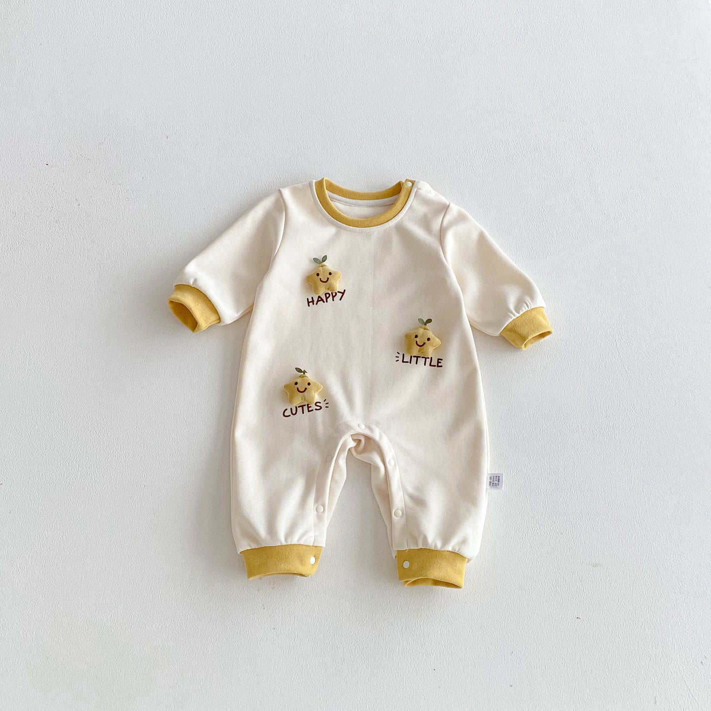 Spring Arrival Baby Unisex Long Sleeves Color Patchwork Cartoon and Letters Pattern Rompers