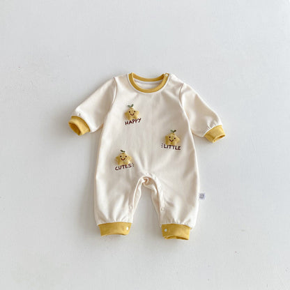Spring Arrival Baby Unisex Long Sleeves Color Patchwork Cartoon and Letters Pattern Rompers