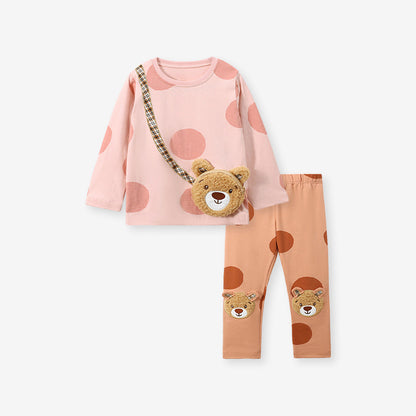Spring Girls Teddy Bear Pocket Bag Top Sweatshirt And Pants 2-Piece Set