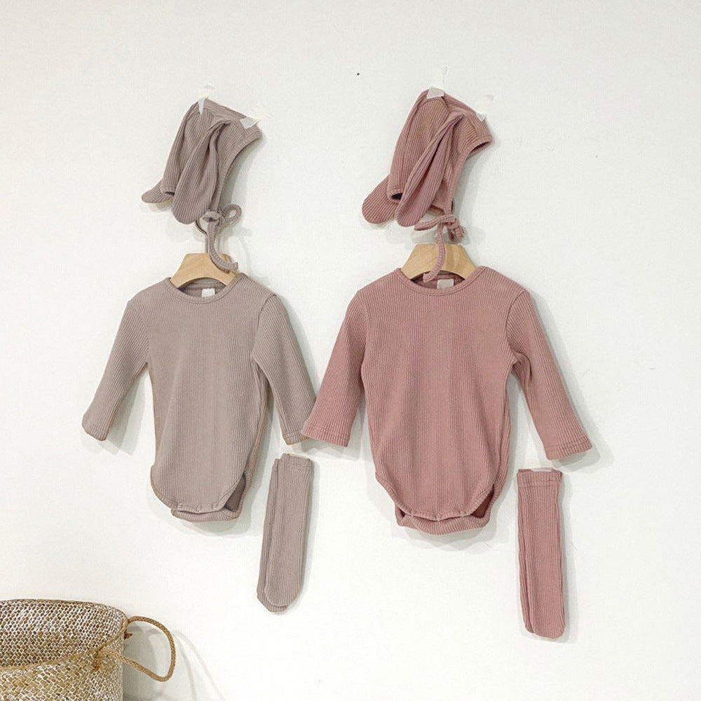 MyKids-USA® Autumn Arrival Baby Long Sleeves Solid Color Bodysuit with Hat, Socks