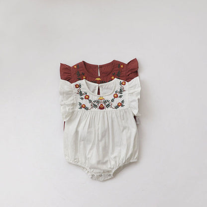 Summer Arrival Baby Girls Fly Sleeves Flowers Pattern Embroidered Bodysuit