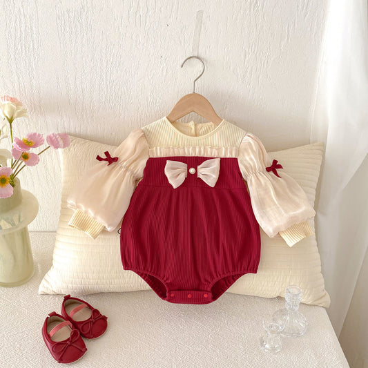 Spring Arrival Baby Girls Cute Color Patchwork Long Puff Sleeves Onesies, MyKids-USA®, Baby One-Pieces, MyKids-USA - Size/Age - 66 (3-6M) - Color - Red -  -  - TR2502252334-A