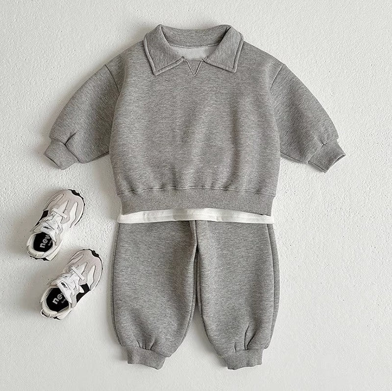 Autumn Baby Kids Unisex Casual Solid Color Long Sleeves Top Pullover with Turn-down Collar and Pants Clothing Set, MyKids-USA®, Baby & Toddler Outfits, MyKids-USA - Size/Age - 73 (6-9M) - Color - Grey -  -  - TR2505162246-C