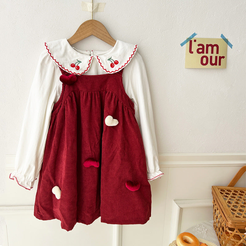 Autumn Girls Cherry Embroidered Long Sleeves Heart Pattern French Corduroy Dress, MyKids-USA®, Baby & Toddler Dresses, MyKids-USA -  -  -  -  -  -  - 