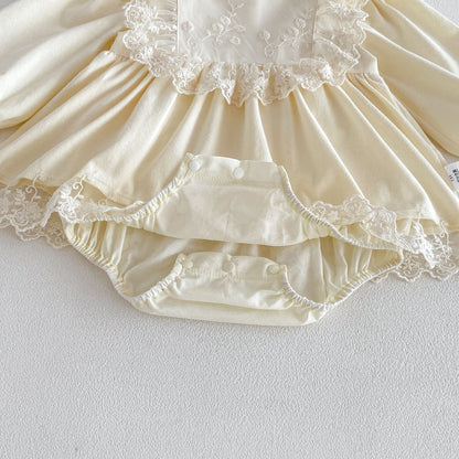 MyKids-USA® Baby Girls Long Sleeves Solid Color Lace Trim Bodysuit Dress