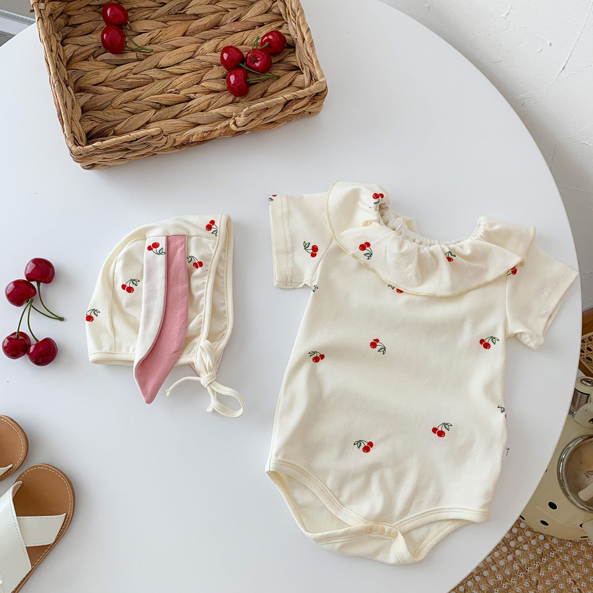 Summer Baby Kids Short Sleeves Cherry Fruits Pattern Onesies and Hat Casual Clothing Set for Girls, MyKids-USA®, Baby One-Pieces, MyKids-USA - Size/Age - 66 (3-6M) - Color - Beige -  -  - TR2505191003-A