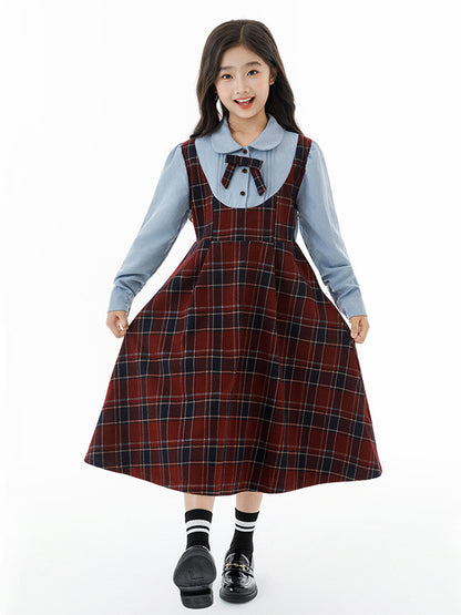 Autumn Arrival Long Sleeves Color Patchwork Preppy Plaid Pattern Dress for Stylish Girls