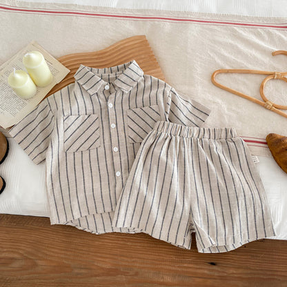 Spring Baby Kids Unisex Striped Top Shirt And Shorts Clothing Set