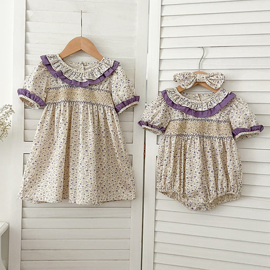 Summer Girls Floral Pattern Ruffle Collar Short Sleeves Onesies And Girls’ Dress – Princess Sister Matching Set