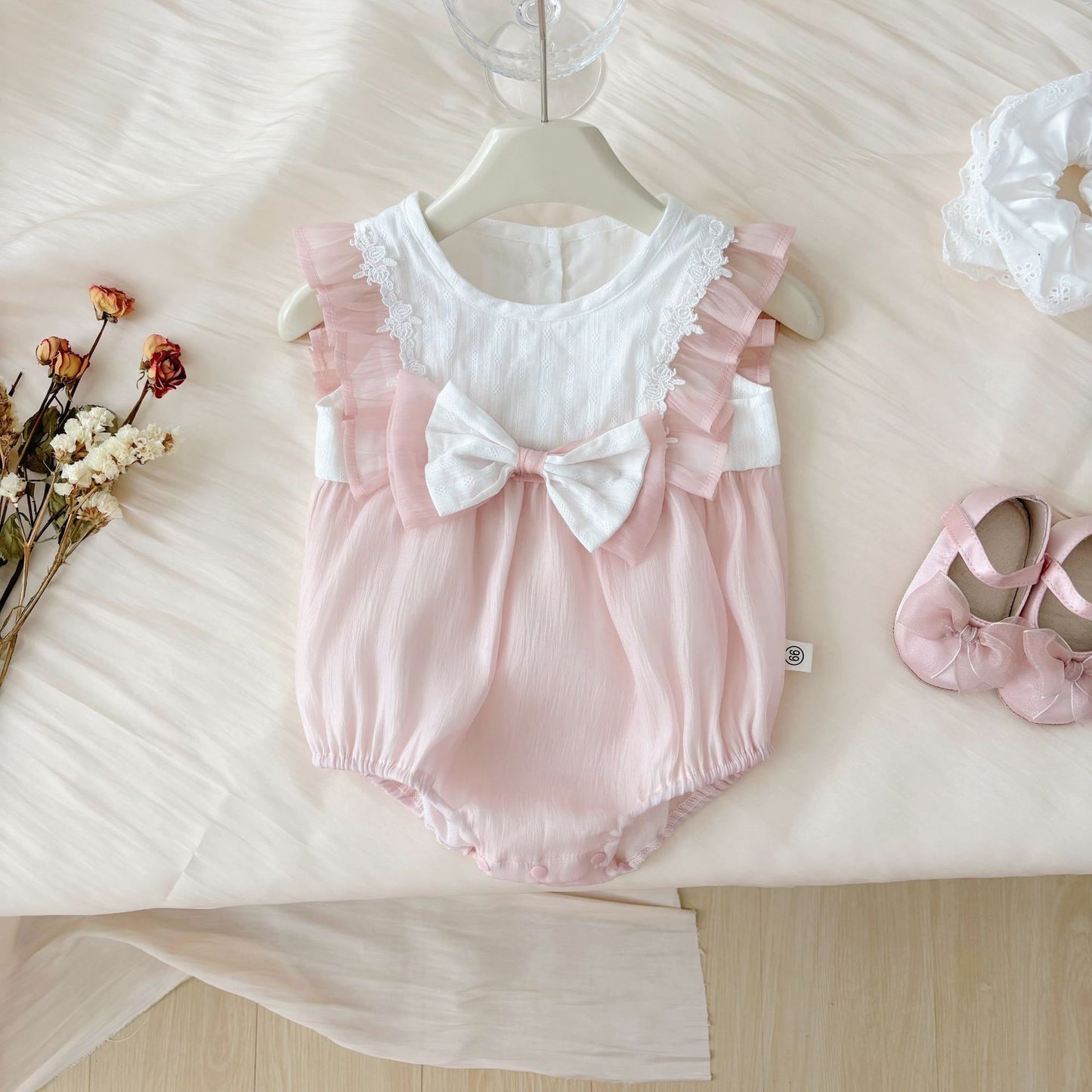 Summer  Arrival Fly Sleeves Flowers Pattern Butterfly-bow Decorated Onesies for Stylish Girls, MyKids-USA®, Baby One-Pieces, MyKids-USA - Size/Age - 66 (3-6M) - Color - Pink -  -  - TR2505011642-A