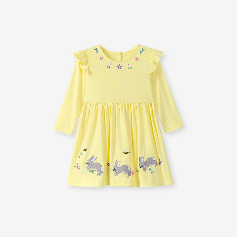 Autumn Arrival Cartoon Rabbits and Flowers Pattern Long Sleeves Crew Neck Dress for Stylish Girls, MyKids-USA®, Baby & Toddler Dresses, MyKids-USA - Size/Age - 90 (12-24M) - Color - Yellow -  -  - TR2507092015-A