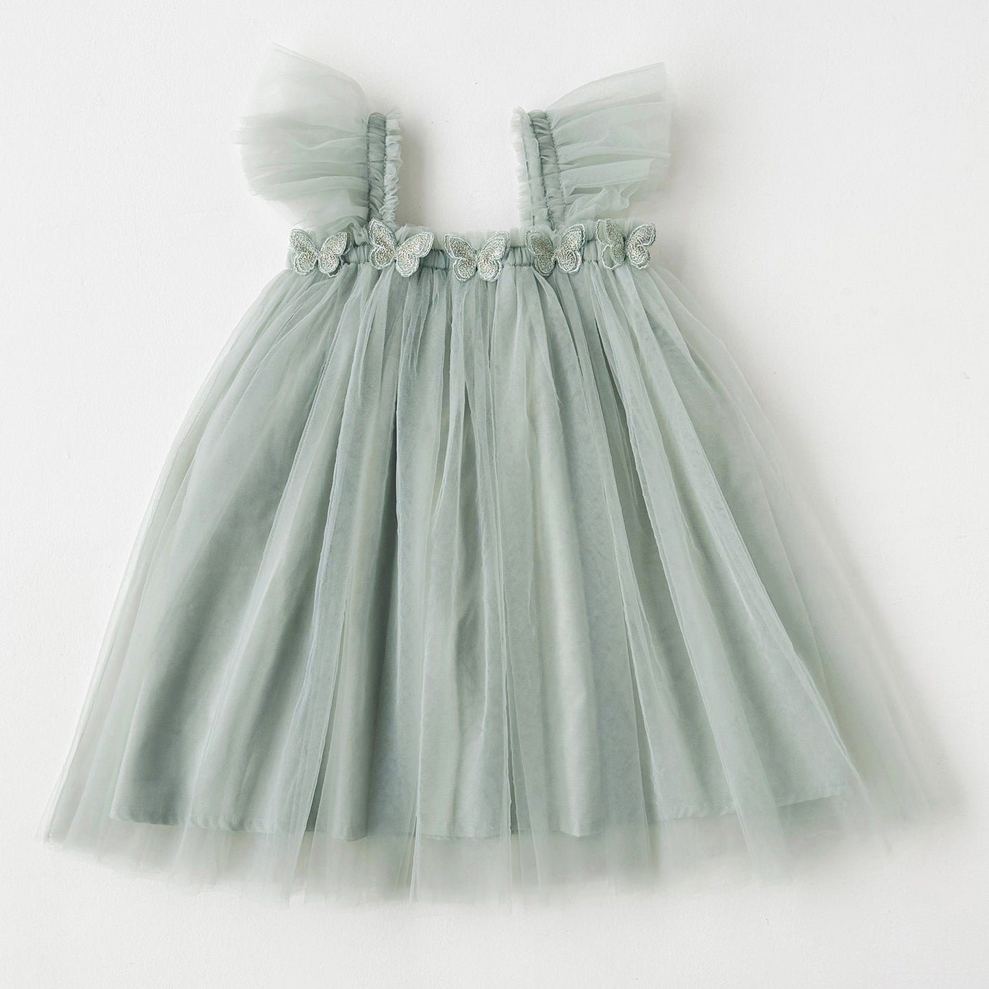 Summer Baby Kids Girls Sleeveless Plain 3D Butterfly Mesh Design Off Shoulder Strap Dress
