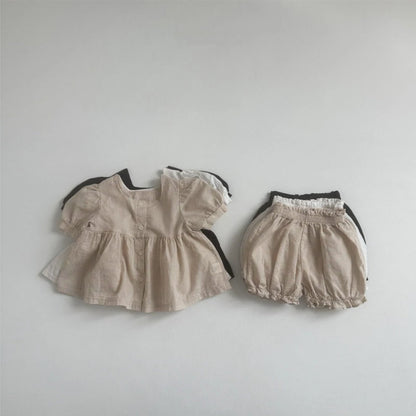 Arrival Summer Baby Kids Girls Short Sleeves Square Neck Shirt and Shorts Clothing Set