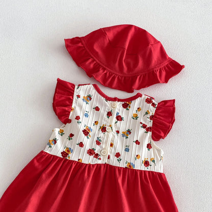 Summer Arrival Baby Girls Fly Sleeves Flowers Pattern Color Patchwork Bodysuit Dress with Hat, MyKids-USA®, Baby & Children's Dresses, MyKids-USA -  -  -  -  -  -  - .