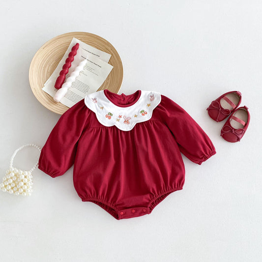 Autumn Arrival Baby Girls Long Sleeves Rabbit and Cherry Embroidery Collar Red Onesies, MyKids-USA®, Baby One-Pieces, MyKids-USA - Size/Age - 59 (0-3M) - Color - Red -  -  - TR2408191011-A