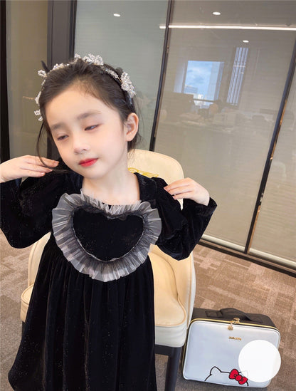 Baby Girls Heart Shape Ruffle Square Neck Long Sleeved Black Princess Dress
