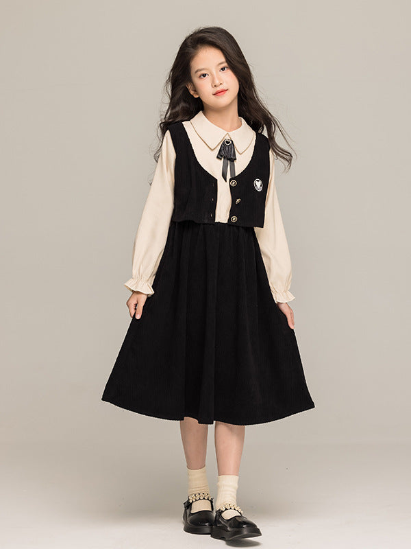 Autumn Arrival Long Sleeves Color Patchwork Preppy One-Piece Dress for Stylish Girls