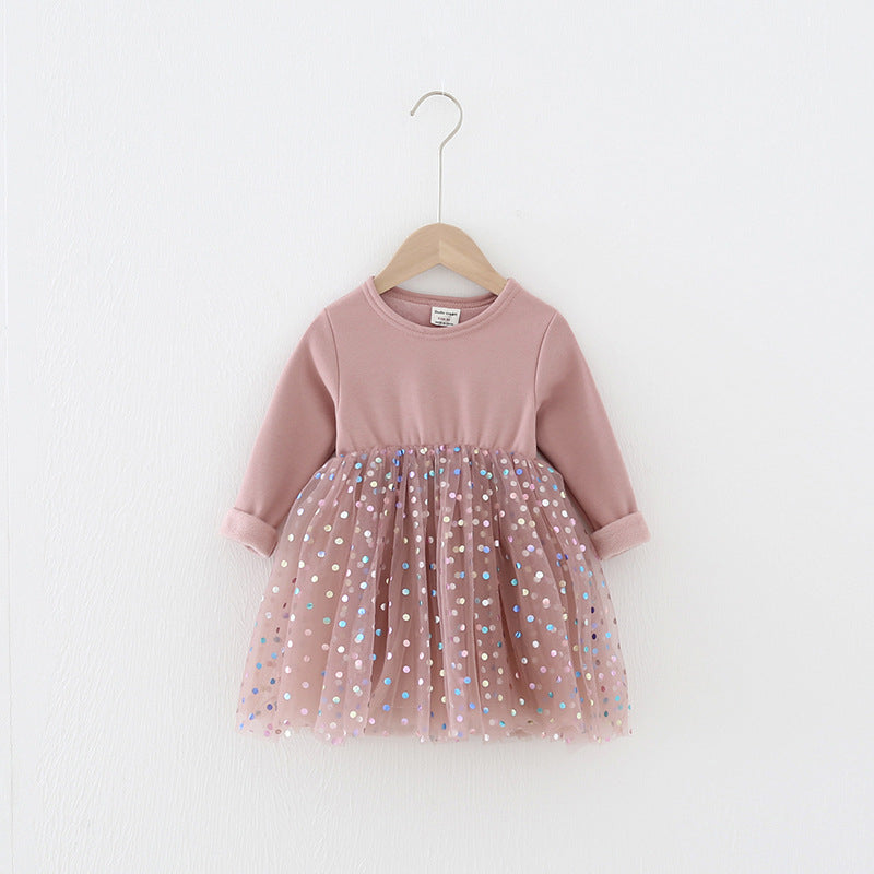 Winter Baby Kids Girls Long Sleeves Dots Pattern Tulle Patchwork Dress, MyKids-USA®, Baby & Children's Dresses, MyKids-USA - Size/Age - 80 (9-12M) - Color - Pink -  -  - TR2605222154-B.