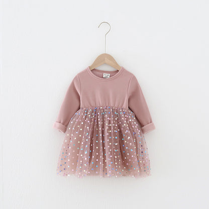 Winter Baby Kids Girls Long Sleeves Dots Pattern Tulle Patchwork Dress, MyKids-USA®, Baby & Children's Dresses, MyKids-USA - Size/Age - 80 (9-12M) - Color - Pink -  -  - TR2605222154-B.