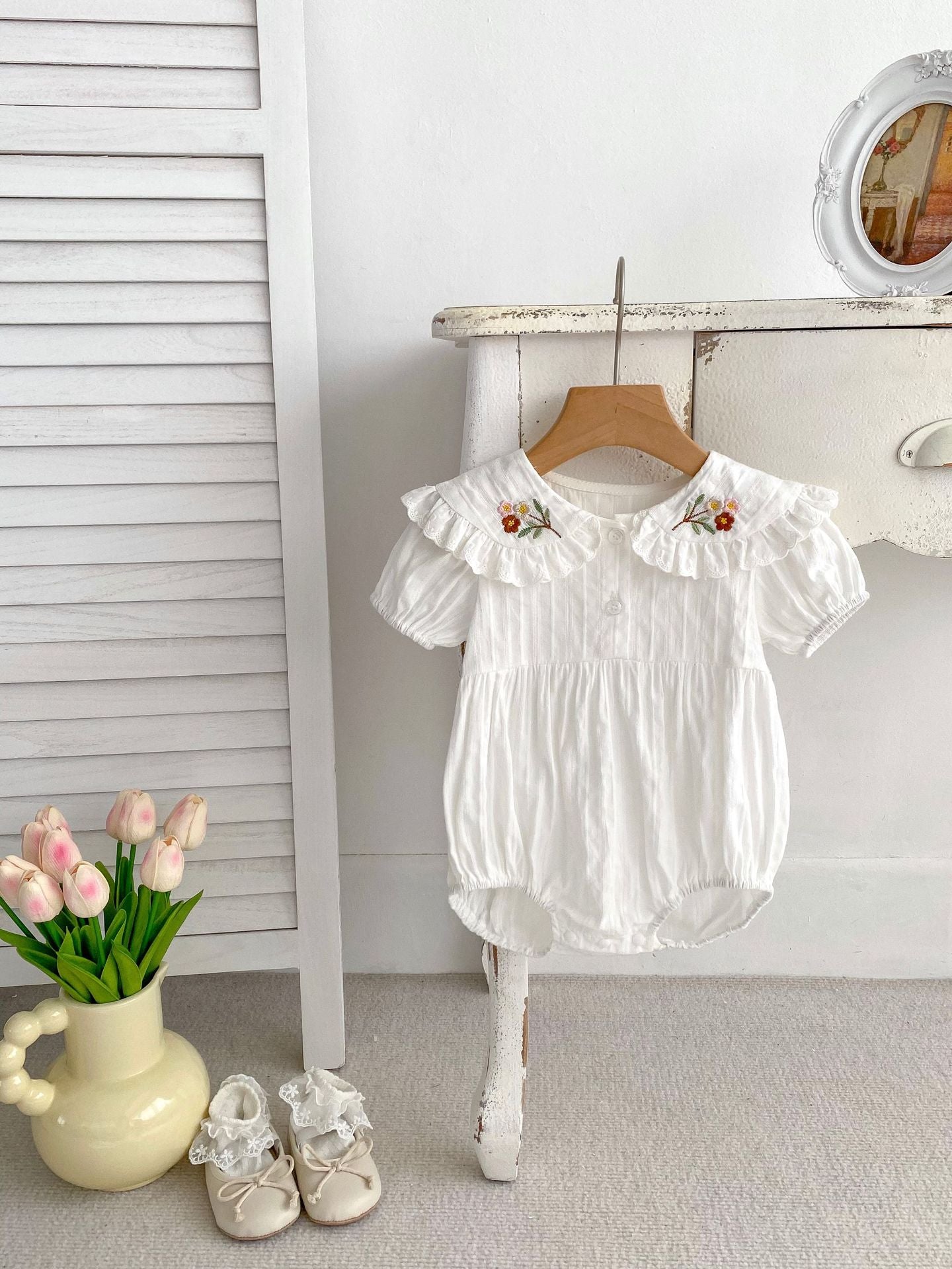 Arrival Summer Girls Floral Embroidered Collar Short Sleeves Onesies, MyKids-USA®, Baby One-Pieces, MyKids-USA -  -  -  -  -  -  - 