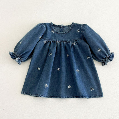 MyKids-USA® Autumn Embroidered Pattern Baby Kids Girls Princess Denim Dress