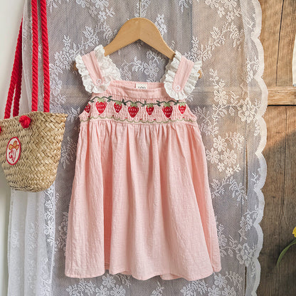 Summer Baby Kids Girls Sleeveless Strawberry Embroidered Lace Strap Princess Dress