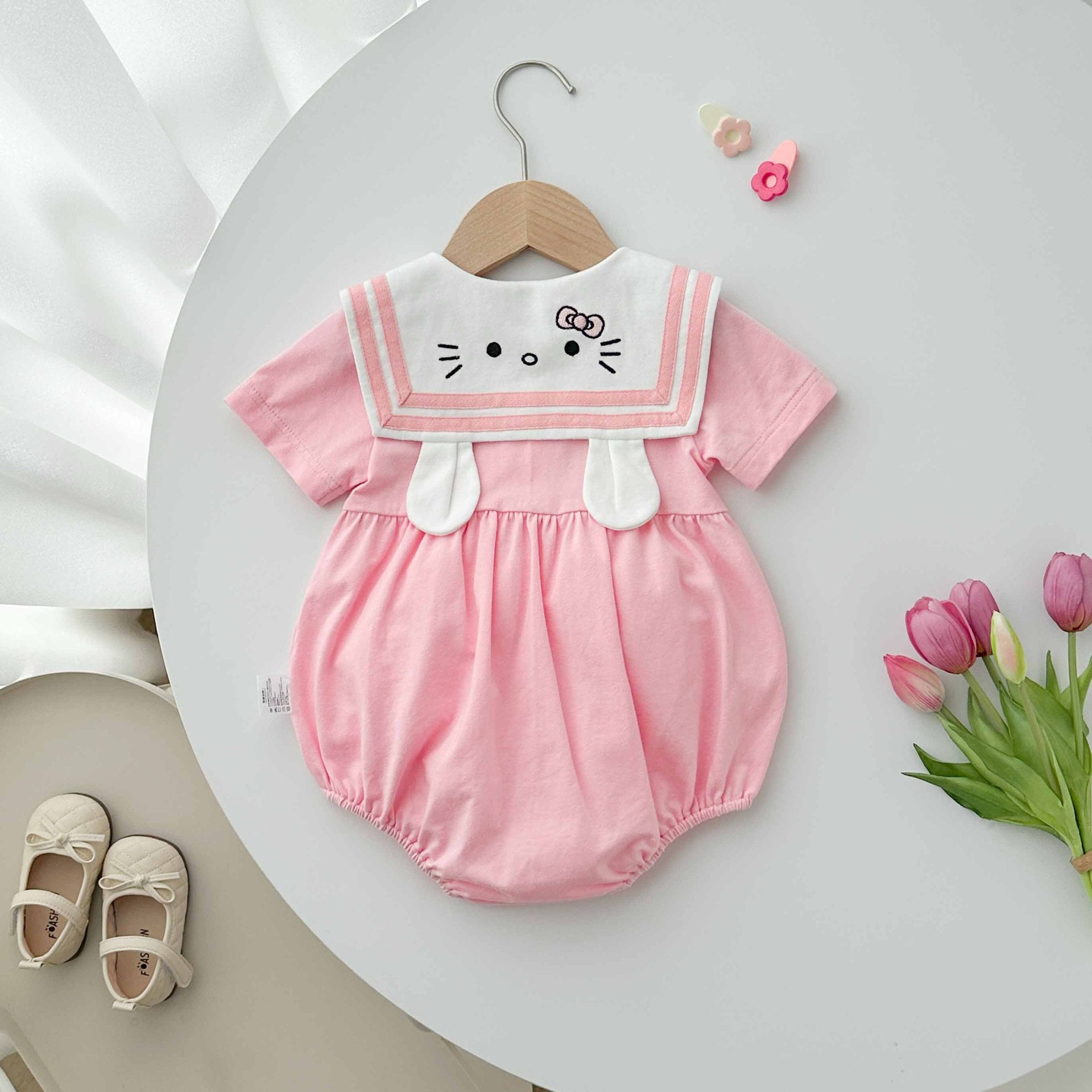 Summer Arrival Baby Girls Cute Preppy Short Sleeves Color Patchwork Onesies with Navy Collar, MyKids-USA®, Baby One-Pieces, MyKids-USA -  -  -  -  -  -  - 