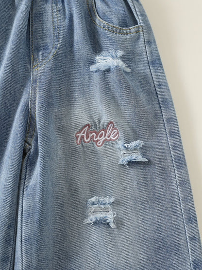 MyKids-USA® Girls Letters Pattern Ripped Jeans