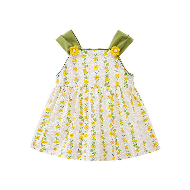 Summer Girls Yellow Floral Pattern Sleeveless Strap Onesies And Girls’ Dress – Princess Sister Matching Set