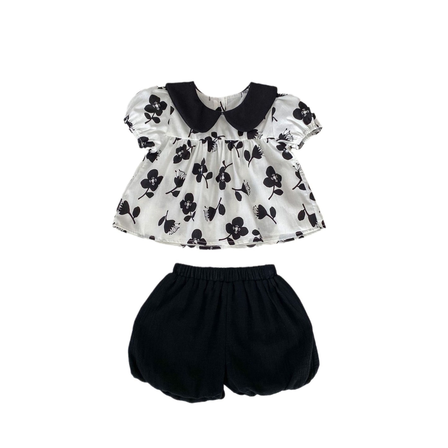 Summer Baby Kids Girls Black Floral Print Dress And Solid Color Black Shorts Clothing Set