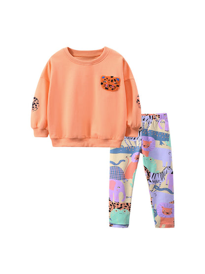 Girls Animals Cartoon Collection Design Top Pullover And Pants Set
