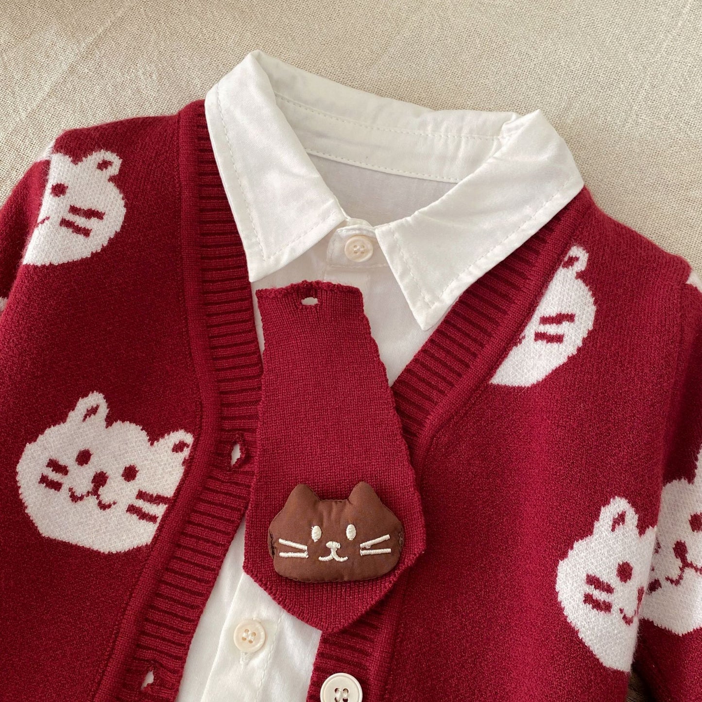 Winter and Autumn Baby Kids Girls Long Sleeves Solid Color Top Shirt, Knitted Pants and Cartoon Pattern Cardigan Clothing Set