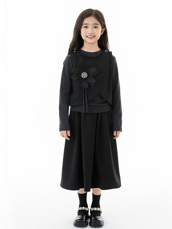Arrival Autumn Kids Girls Grey Top, Black Sleeveless Vest and Skirt Clothing Set