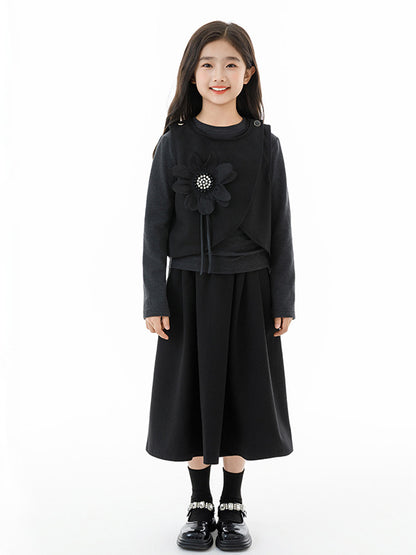 Arrival Autumn Kids Girls Grey Top, Black Sleeveless Vest and Skirt Clothing Set