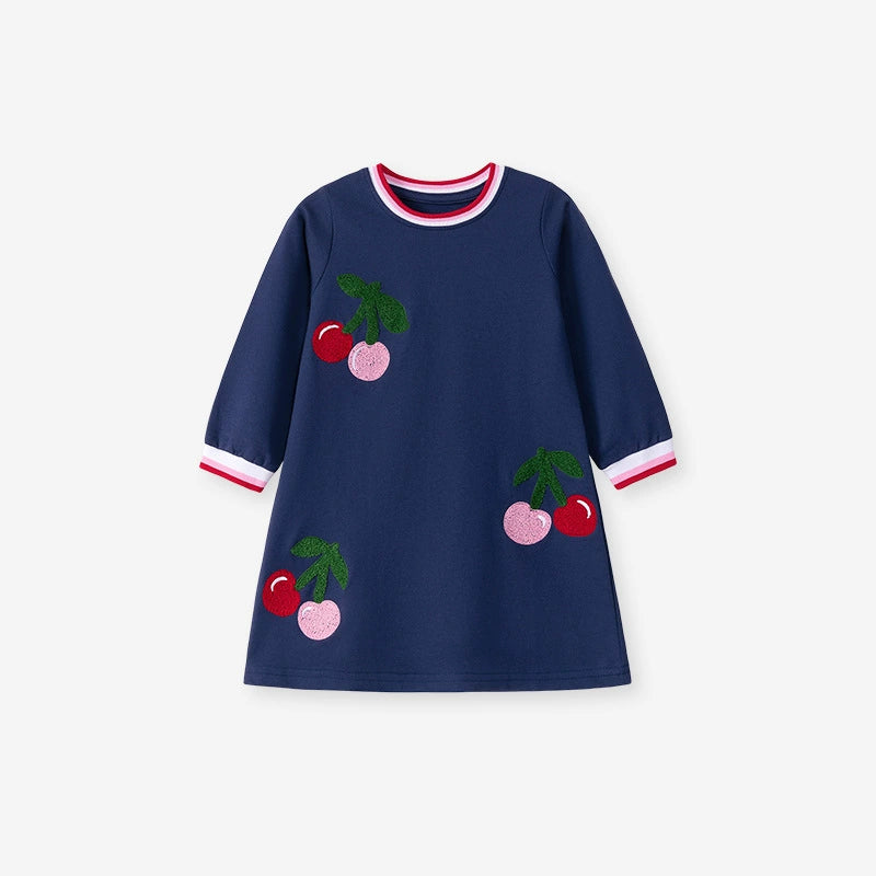 Autumn Arrival Cherry Pattern Long Sleeves Striped Crew Neck Dress for Stylish Girls, MyKids-USA®, Baby & Toddler Dresses, MyKids-USA - Size/Age - 90 (12-24M) - Color - Navy Blue (Dark Blue) -  -  - TR2507091957-A