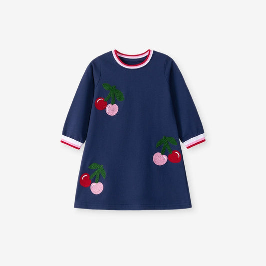 Autumn Arrival Cherry Pattern Long Sleeves Striped Crew Neck Dress for Stylish Girls, MyKids-USA®, Baby & Toddler Dresses, MyKids-USA - Size/Age - 90 (12-24M) - Color - Navy Blue (Dark Blue) -  -  - TR2507091957-A