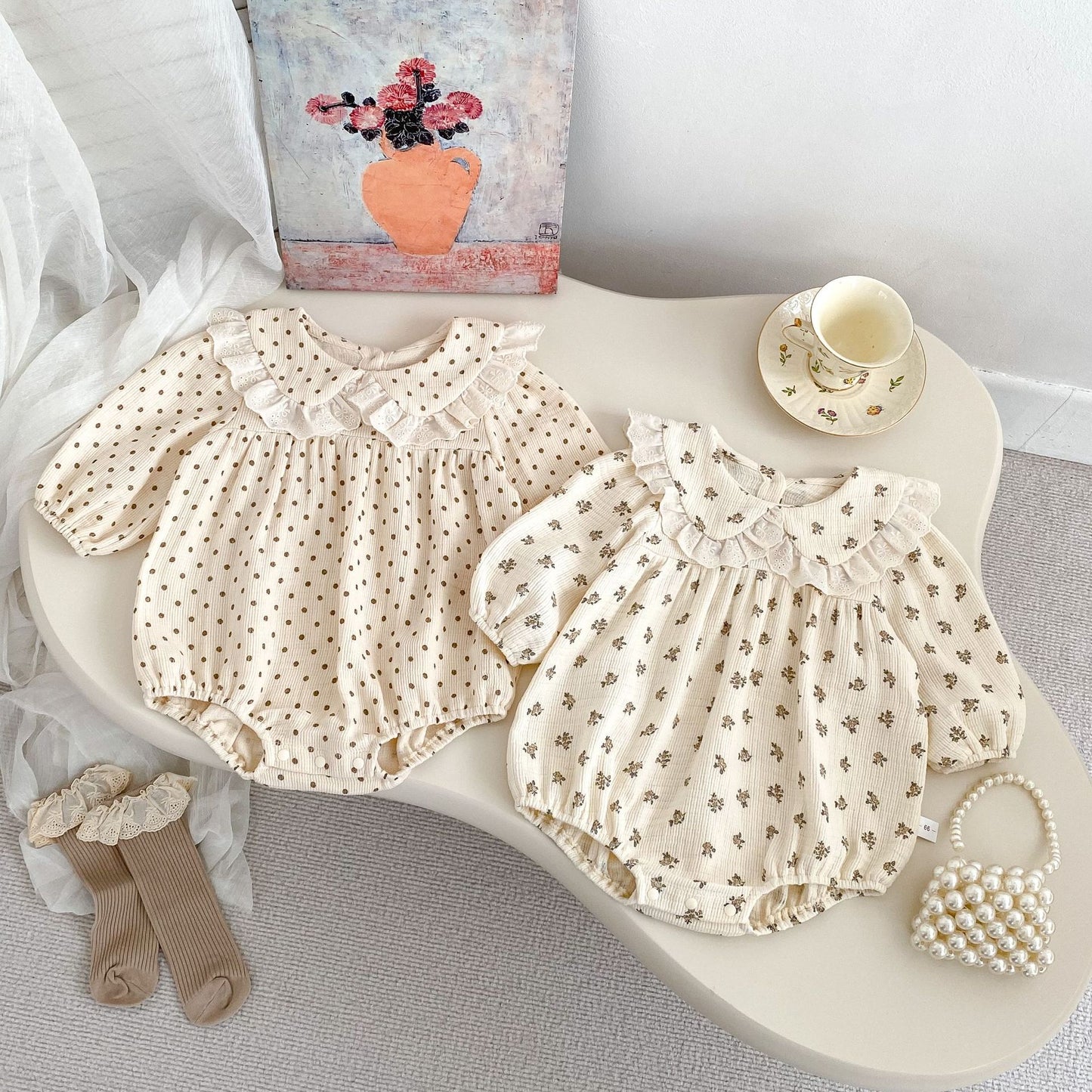 Spring Arrival Baby Girls Long Sleeves Lace Trim Turn-down Collar Onesies Bodysuits, MyKids-USA®, Baby One-Pieces, MyKids-USA - Size/Age - 90 (12-24M) - Color - Apricot -  -  - TR2501112231