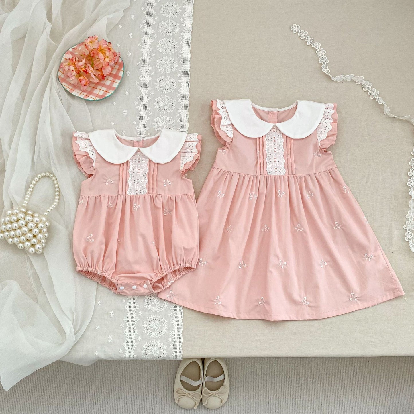 Summer Girls Simple Embroidered Pattern Peter Pan Collar Onesies and Dress – Princess Sister Matching Set, MyKids-USA®, Baby & Toddler Outfits, MyKids-USA -  -  -  -  -  -  - .