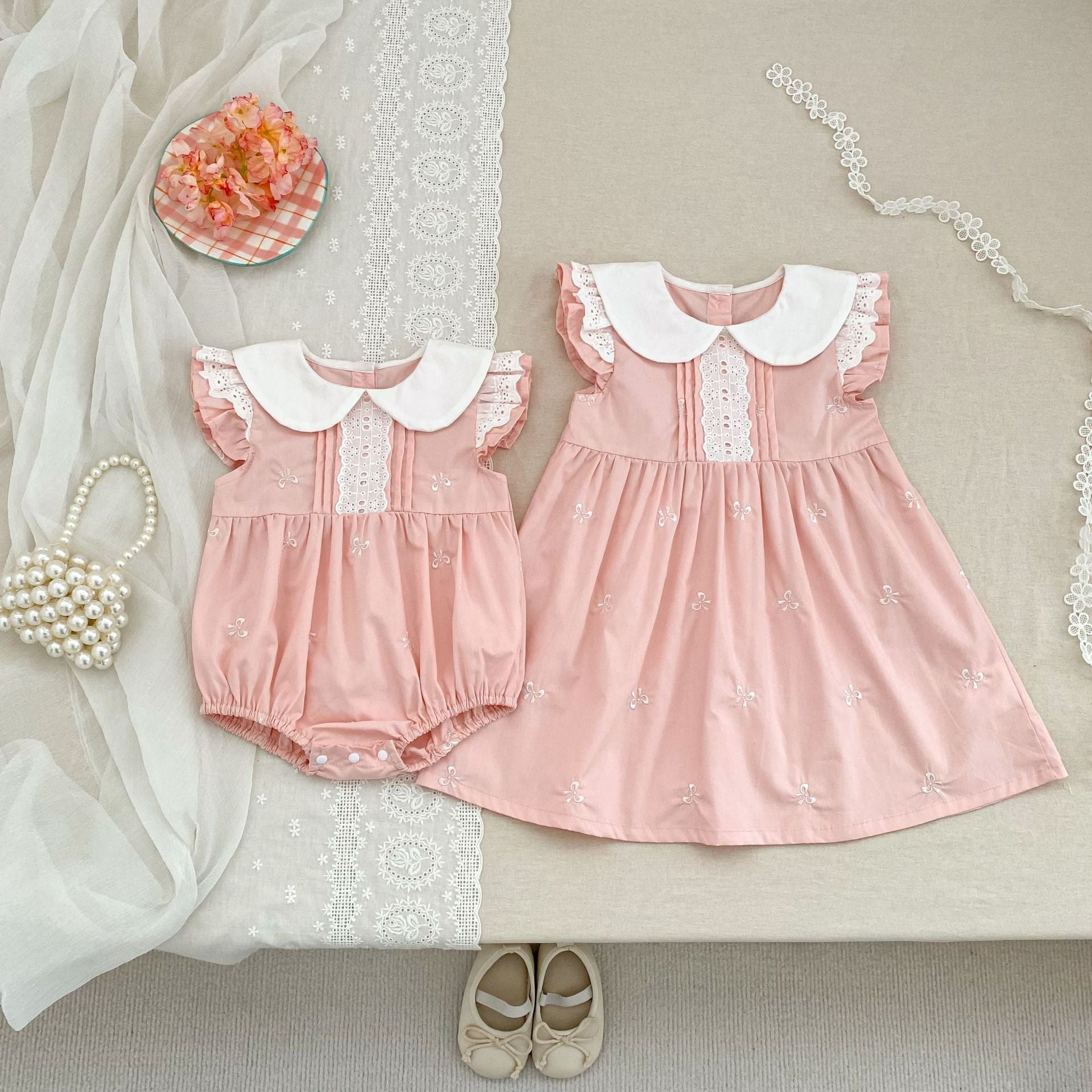 Summer Girls Simple Embroidered Pattern Peter Pan Collar Onesies and Dress – Princess Sister Matching Set, MyKids-USA®, Baby & Toddler Outfits, MyKids-USA -  -  -  -  -  -  - .