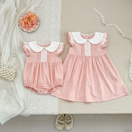 Summer Girls Simple Embroidered Pattern Peter Pan Collar Onesies and Dress – Princess Sister Matching Set, MyKids-USA®, Baby & Toddler Outfits, MyKids-USA -  -  -  -  -  -  - .