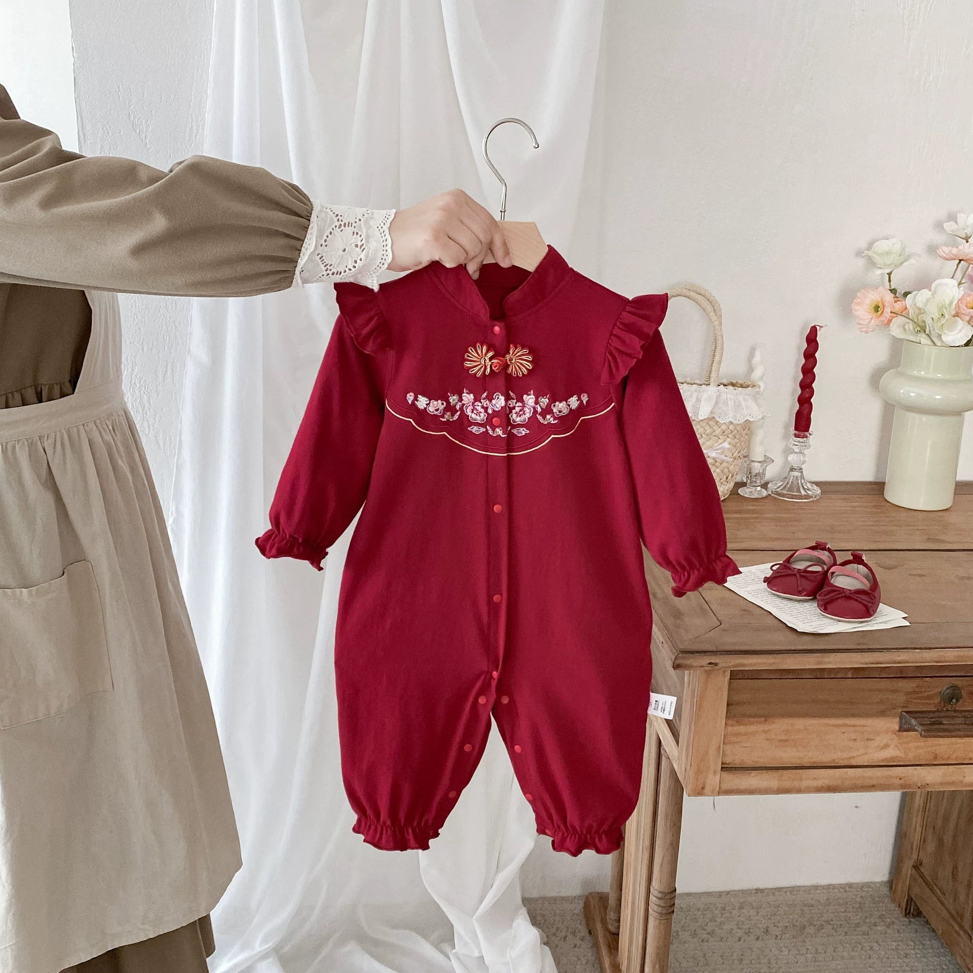 Autumn Arrival Baby Girls Long Sleeves Flowers Embroidered Pattern Single Breasted Rompers, MyKids-USA®, Baby One-Pieces, MyKids-USA - Size/Age - 66 (3-6M) - Color - Red -  -  - TR2508122219-A