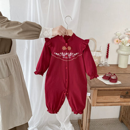 Autumn Arrival Baby Girls Long Sleeves Flowers Embroidered Pattern Single Breasted Rompers, MyKids-USA®, Baby One-Pieces, MyKids-USA - Size/Age - 66 (3-6M) - Color - Red -  -  - TR2508122219-A