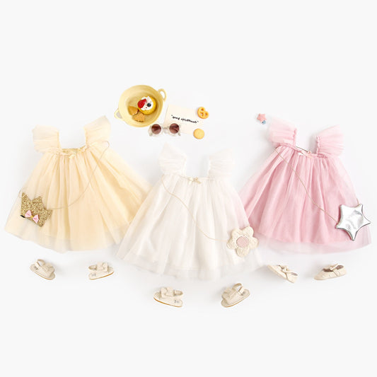 Summer New Arrival Baby Girls Holiday Solid Color Princess Square Neck Mesh Strap Dress