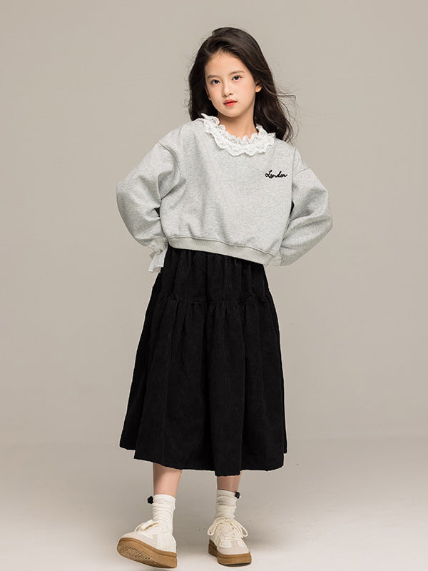 Arrival Autumn Kids Girls Long Sleeves Letters Pattern Lace Trim Top and Black Skirt Sets
