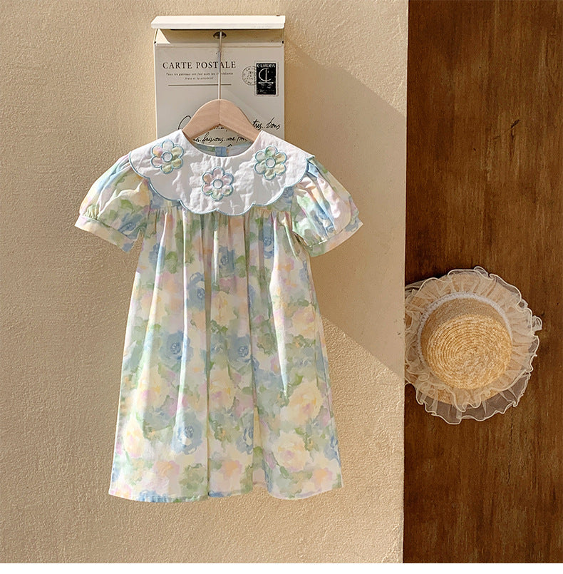 Summer Baby Kids Girls Short Sleeves Oil-Painting Flowers Pattern Dress, MyKids-USA®, Baby & Toddler Dresses, MyKids-USA - Size/Age - 90 (12-24M) - Color - Green -  -  - TR2503072245-A
